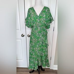 MAX STUDIO Women's Large Green Floral True Wrap Flutter Sleeve V-Neck Dress